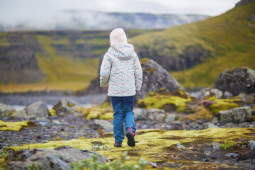Adorable preschooler girl having fun on a summer day in Iceland.