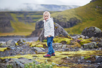 Obraz premium Adorable preschooler girl having fun on a summer day in Iceland.