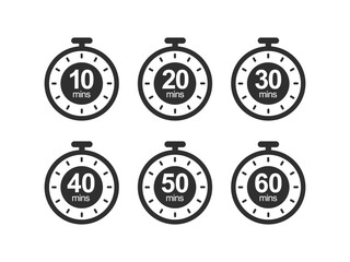 Timer, clock, stopwatch isolated vector icon. Timer icon set, timer from 10 to 60 minutes, vector illustration. 10, 20, 30, 40, 50, 60 min, timer clock. Stopwatch icon set.
