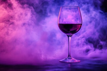 A glass of red wine is placed on the table, surrounded by purple smoke and blue light. 