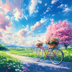 Naklejka premium Spring bicycle with flower basket on scenic road, colorful cloudscape