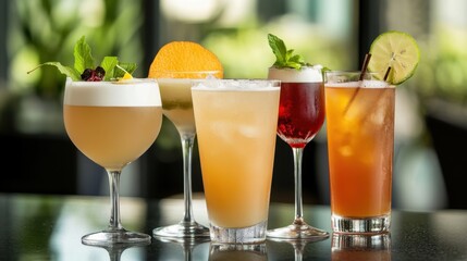 World Bartender Day Colorful assortment of refreshing cocktails with citrus and mint garnishes