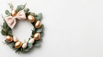 Elegant easter wreath with metallic eggs and pink bow on minimalist background