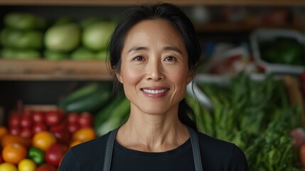 Asian female adult vendor smiling at vegetable market