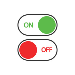 On and Off Toggle Switch Buttons, Green and Red on White Background, Vector illustration.