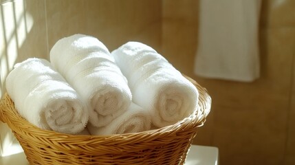 Obraz premium Towel Cozy white rolled towels in a woven basket illuminated by warm natural light