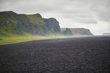 Scenic view of Vikurfjara black sand beach in Vik in Southern Iceland.