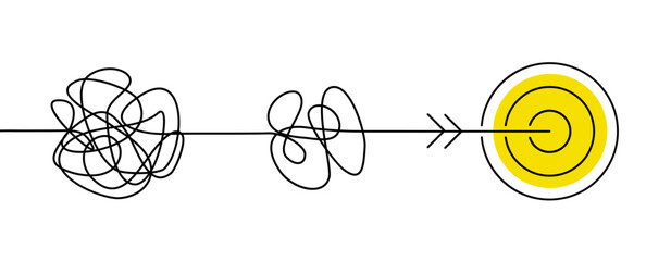 Continuous one line drawing of chaos tangle which gradually turns into achievement target, problem solving concept, trouble solution, brainstorming process - vector