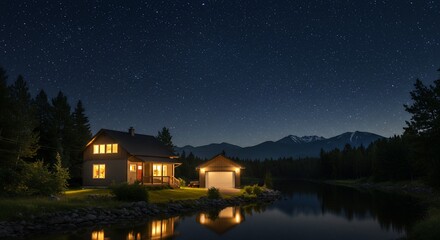 Fototapeta premium Lakefront Cabin Night Scene Starry Sky Mountain View