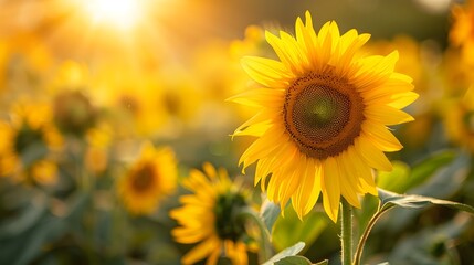 Obraz premium Sunflower Field Basking in Golden Sunlight Showcases Natures Abundance and Beauty