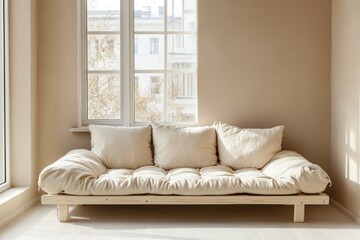 Beige futon couch with a white wooden frame and soft cushions, placed in front of a large window on a light-colored floor against a beige wall background. 