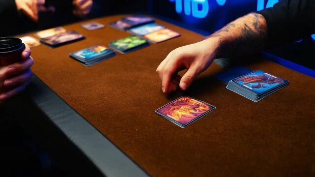 Teenagers Playing Magic Cards with Holographic Spells Appearing