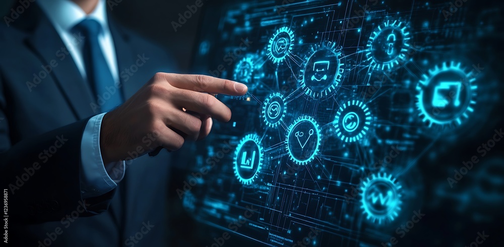 Aufkleber businessman interacts with a futuristic digital interface showing interconnected gears and icons, re