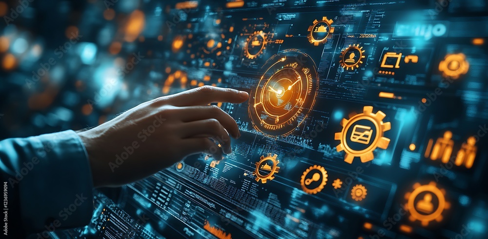 Poster hand interacting with a futuristic holographic interface displaying various data points and icons.