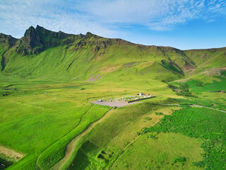 Aerial scenic view of cemetery near Vikurkirkja church in Vik, Southern Iceland.