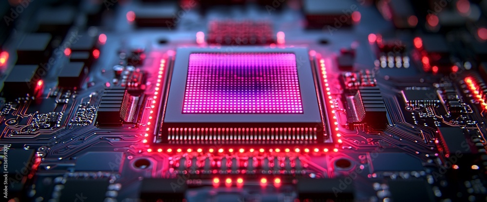 Poster Close-up of illuminated central processing unit on a circuit board.