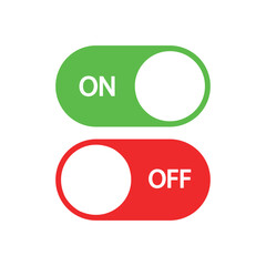On and Off Toggle Switch Buttons, Green and Red on White Background, Vector illustration.