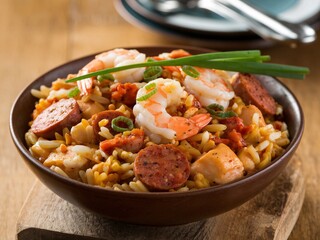 Fototapeta premium Delicious shrimp and sausage pasta dish