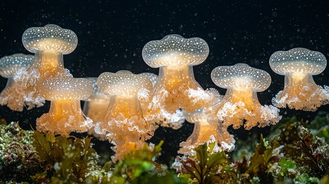 Illuminated jellyfish swarm, ocean floor, seaweed, underwater scene, marine life photography
