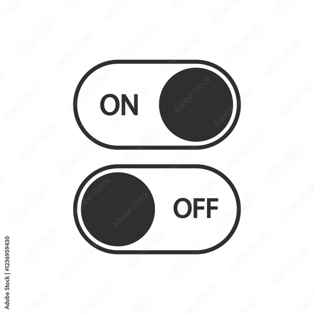 Poster silhouette of on and off toggle switch buttons on black background, vector illustration.
