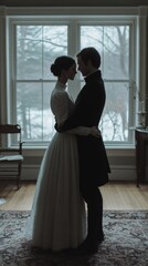 Fototapeta premium Couple embracing near window, snowy landscape, antique room, romantic portrait, website, social media.