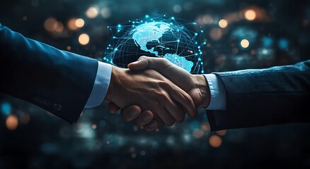 Global partnership concept Two businessmen shaking hands with a digital earth globe between them.