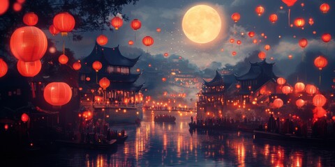 Naklejka premium Lanterns illuminate a riverfront village during a full moon celebration in a tranquil setting. Generative AI