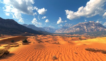 Naklejka premium A vast desert landscape with sand dunes and mountains in the background, against a blue sky with white clouds overhead. 