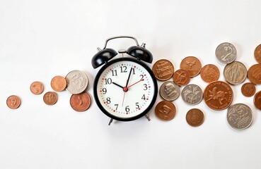 Alarm clock with coins arranged on white background