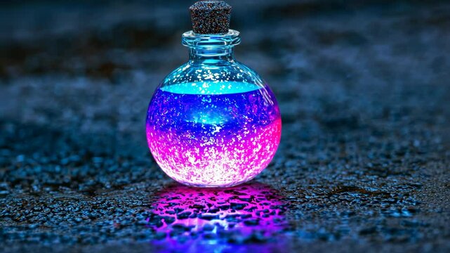 Colorful potion in a glass bottle illuminated on a wet surface at night