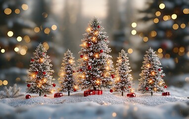 Snowy miniature Christmas trees with lights and gifts.