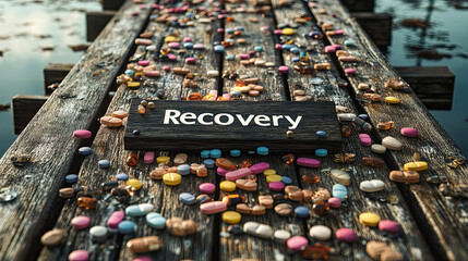 Obraz premium Pills scattered along a path symbolizes the journey to overcome addiction.