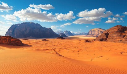 Fototapeta premium A vast desert landscape with sand dunes and mountains in the background, against a blue sky with white clouds overhead. 
