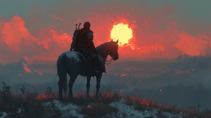 Fototapeta premium A lone warrior on horseback silhouetted against a fiery sunset, evokes a sense of journey and solitude