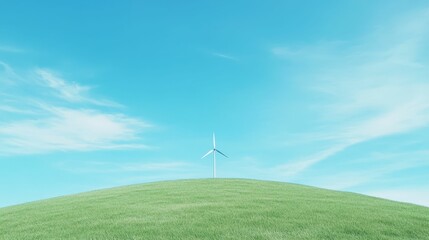 Obraz premium Windmill on a green hill under a blue sky, rural and renewable energy concept, minimalistic landscape,