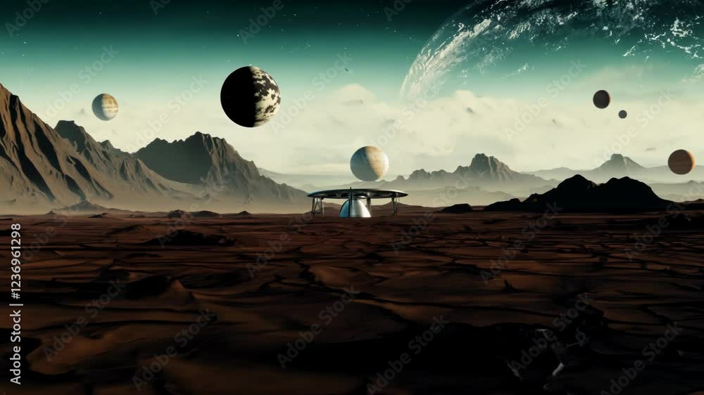 Poster retro-futuristic alien landscape featuring a distant planet and moons above a barren terrain with ro