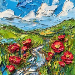Vibrant red flowers bloom beside a winding stream in lush green hills under a bright blue sky. Generative AI