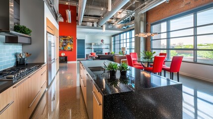 A photo of an open-concept kitchen with a sleek black granite island