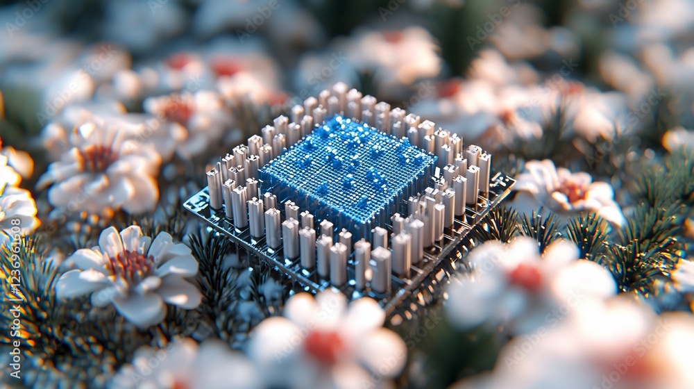 Poster microchip nestled in a field of flowers.