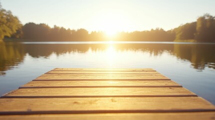 Fototapeta premium Tranquil summer sunrise over calm lake with wooden pier