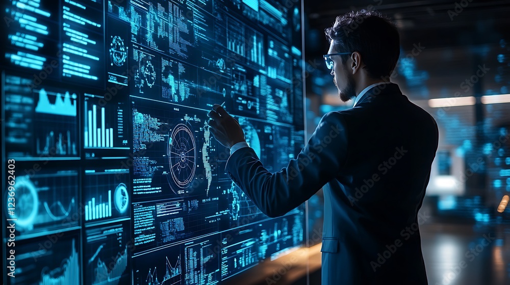 Aufkleber businessman analyzing data on a large interactive screen showing charts, graphs, and code.