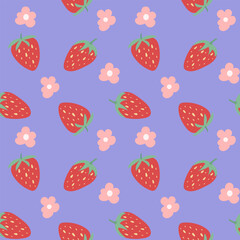 Seamless pattern with strawberry and flower. Cute background, summer berry. Vector design