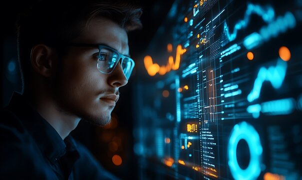Young man in glasses intently studies a futuristic digital interface filled with data graphs and code.