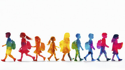 Colorful silhouettes of children walking in line, showcasing diversity and joy