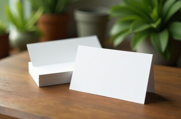 Mock up: white business card on the desktop. Around is a calm modern interior, green house plants. Concept of an eco-friendly workplace, home office. Mockup for business: ecology, realtor, designer, e