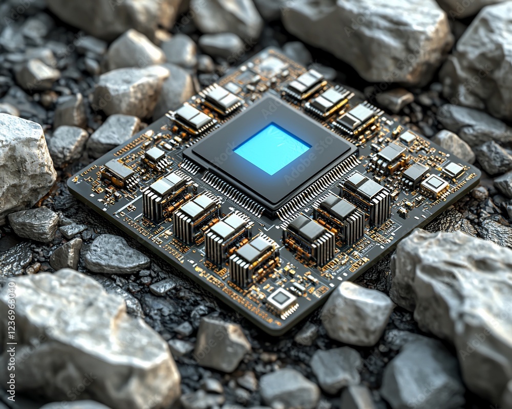 Poster Microchip embedded in rocks, representing mining or resource scarcity.