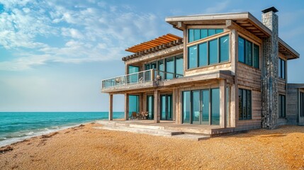 Obraz premium A rustic beach house with natural cedar wood cladding and soft beige walls