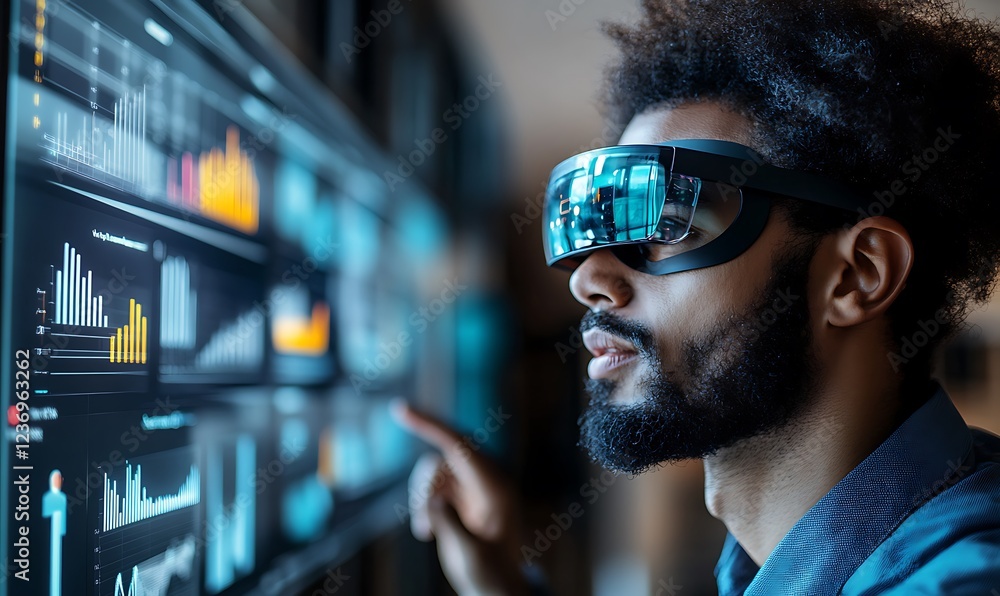 Poster man wearing ar glasses interacts with a digital dashboard displaying graphs and charts.
