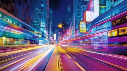 Obraz premium Vibrant Cityscape Night With Fast Moving Light Trails in Hong Kong