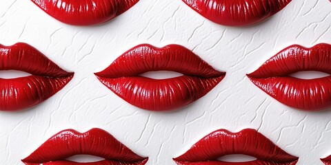 Obraz premium A striking pattern of glossy red lips on a textured white background, symbolizing beauty, passion, and romance. Perfect for beauty and fashion themes.